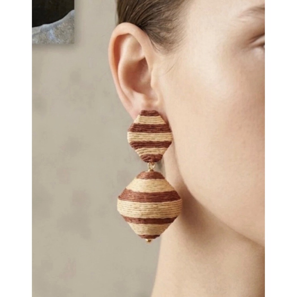 Tuckernuck Cocoa Stripe Raffia Geo Lantern Earrings Brown Tan Geometric Drop